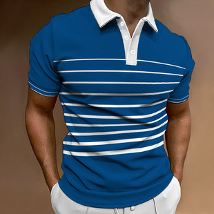 Foreign Trade Amazon's New Cross-Border Men's Digital Printed Polo Shirt Lapel Button Business Stripesd T-Shirt Top