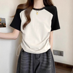 Shoulder Short-sleeved T-shirt Women's Summer 2025 New Niche Design Sense Tight Waist Drawstring Slim-fit Ringed Short Top