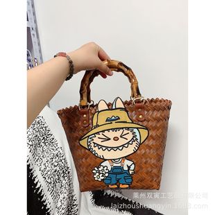 Vintage Striped Sausage Dog Multicolor Woven Bamboo Basket New Style Commuter Handbag Women's Tote Bag