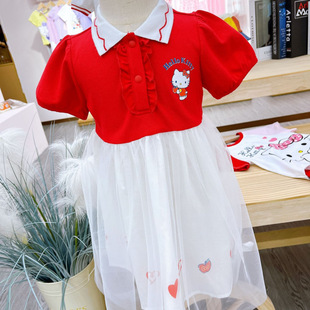 Hello Kitty Летнее платье для девочек Принцесла Сокровище Платье Платье из хлопка с половинным рукавом Девушка Японский мультфильм Тонкое платье