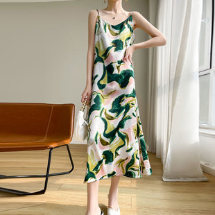 24 Summer New Mid-length Satin Dress Printed V-neck Sling Slim-fit Women's dress Sling Skirt