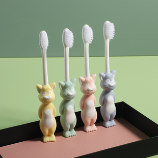 In stock new simple children's cartoon animal fine soft hair brush cat silicone brush handle cleaning toothbrush