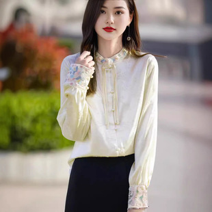 Daifa New Chinese Style Guofeng Heavy Industry Embroidered Shirt Women's Satin-textured Printed Shirt Collar Women's Champagne for Foreign Trade