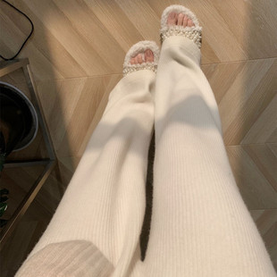 Real shot pregnant women autumn and winter fleece-lined pregnancy outfit show leg length all-match vertical grain fleece-lined knitted wide leg pants