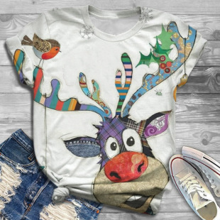 Foreign Trade Cross-border Summer Europe and the United States Cross-border 2022 New Amazon Explosive Round Neck Printed Short-sleeved Top Loose Women