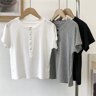 Niche design summer new versatile slim T-shirt women's short sleeve chic unique short button top ins fashion