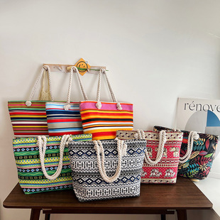 Cross-border New Canvas Large Capacity Tote Bag Ethnic Style Striped Thick Rope Shoulder Bag Commuter Handbag for Work Women