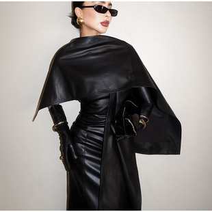 2024 New Slim-fit Sexy Elegant Street Fashion Leather Cloak dress Hip Europe and America
