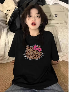 Американская ниша новый леопардовый принт Hellokitty дикая футболка с короткими рукавами свободный повседневный топ ins ветер женщина