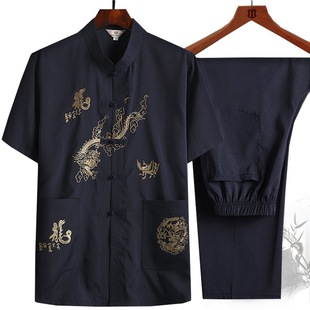 Middle-aged and elderly people spring and summer suit Tang suit men's retro long-sleeved shirt father's Tai Chi morning exercise suit grandpa's Han suit