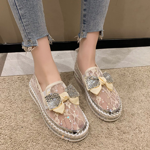 Single Shoes Women's 2023 Spring New Style Slip-on Thick-soled Lazy Casual Korean Style Rhinestone Bow-tie Shoes Trendy Hair-generation Shoes