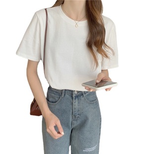 Simple Solid Color Cotton T-Shirt ins Vintage Gentle Morandi Round Neck Loose Summer Slimming Short-sleeved Mid-length Top for Women