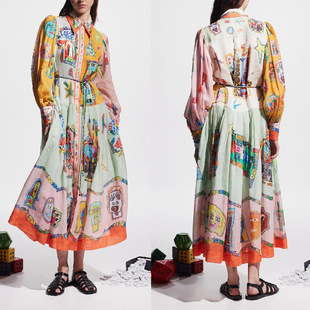 European and American Cross-border 2024 New Independent Station Single-breasted Long Lantern Sleeve Graffiti Printing Lace-up dress