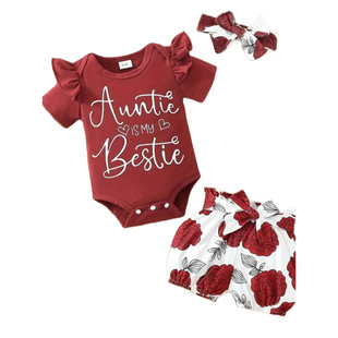 Cross-border Summer Newborn Top English Printed Pants Full Printed Rose Casual Sweet Breathable suit for Girls