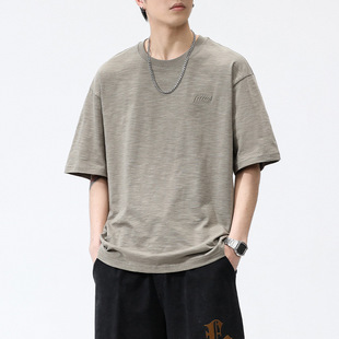 Slub Cotton T-shirt Short-sleeved Men's Summer 2025 New Style Cotton Thin Men's Round Neck Loose Solid Color Top Clothes