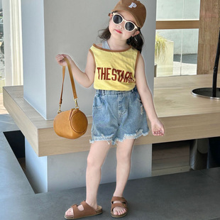 Girls' Denim Shorts 2024 Summer New Children's Ripped Jeans Children's 2-7 Years Old All-match Outer Wear Pants