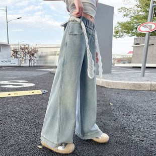 Girls' Jeans Spring and Summer 2025 New Children's Western Style Fashionable Wide Leg Pants Lace Slimming Middle and Large Children's Straight Leg Pants