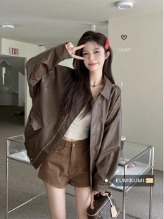 Vintage American Style brown Leather Jacket Coat Women's Autumn Black Sweet Cool Style Motorcycle PU Leather Loose Long Sleeve Top