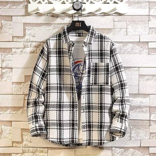 2024 Autumn and Winter New Hong Kong Style plus size Chanel Style Shirt Jacket Men's Loose Wool Plaid Long Sleeve Shirt Trendy