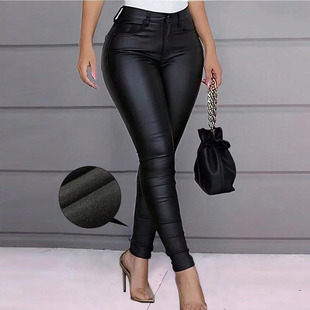 Amazon Foreign Trade European and American Fashion Women's Tight Pants Multi-Pocket Knitted Elastic Coated Pen Lead Pants in stock New
