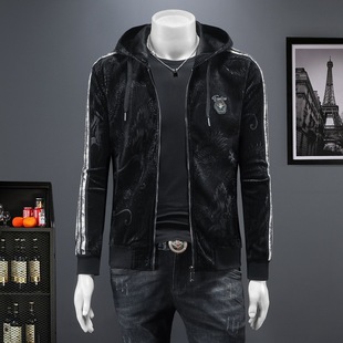 2024 autumn and winter new high-end gold velvet men's hooded jacket trend fashion casual coat 9056