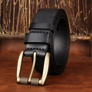 Belt Men's Genuine Leather Thickened Top Layer Cowhide Pin Buckle Solid Copper Buckle Retro Belt Jeans Middle-aged and Young Trousers