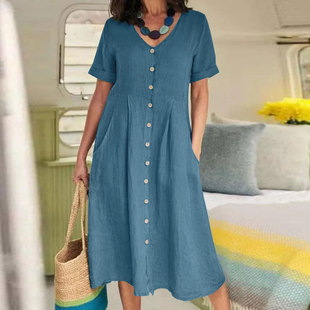 Spring and Summer 2025 New Amazon Independent Station AliExpress eBay New Solid Color Loose High Waist Cotton and Linen dress