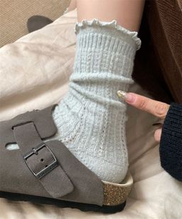 Korean-style wooden-ear wool stockings for children autumn and winter new thick warm solid color lace mid-tube socks for girls