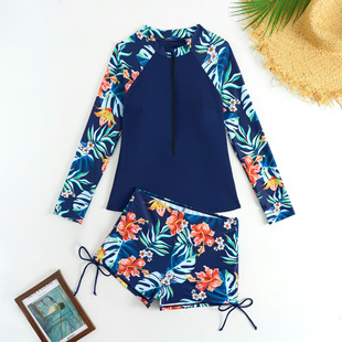 2025 New European and American Swimsuit Women's Long Sleeve Split Sports Competitive Printed Swimsuit Women's Amazon Women's Wetsuit