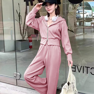 Spring and Autumn casual zipper hooded sports suit women's autumn fashion slim design trousers waist-tight short top