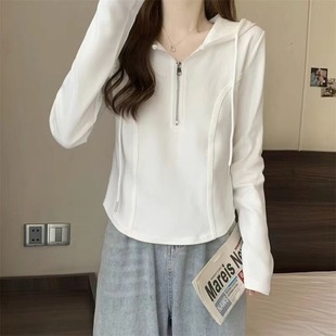 [De Velvet Rib] Half Zipper Hooded Sweater Women's Spring and Autumn plus size Base Shirt Belly Covering Top for Chubby Sister