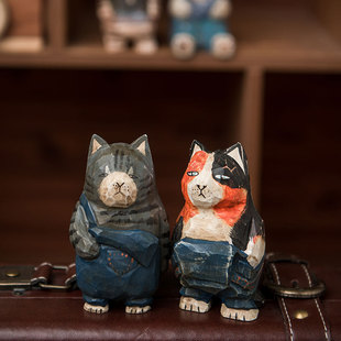 Wood Carving Creative Cat Ornaments Office Desktop Gift Home Healing Lucid Cat Small Ornaments