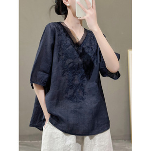 Summer New Arrival Embroidered Ramie All-Match Fashion Cotton Linen Shirt Top Vintage Shirt Women's Loose Short-Sleeved Women