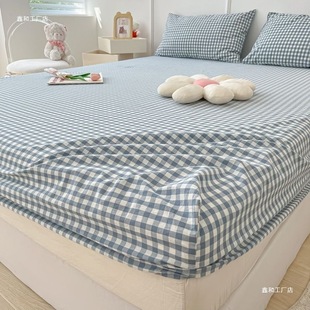 Plaid Bed Cover Fully Enclosed Washed Cotton Bed Cover Single-Piece Simmons Protective Cover Dust Cover Cute Autumn Solid Color