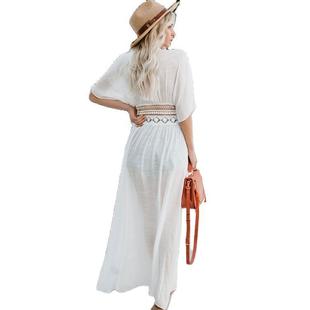 2020 Summer cross-border foreign trade new wish beach blouse hollow waist lace anti-DDoS cardigan holiday dress women's dress
