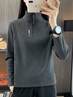 24Rt1022 New Autumn and Winter Versatile Fleece-Lined Women's Long-Sleeved Half-Zip Stand-Up Collar Running Mountaineering Fitness Casual Loose