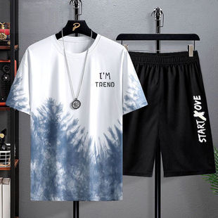 New Quick-drying Ice Silk Gradient suit Men's Short-sleeved T-shirt Summer Casual Shorts Sports Two-piece Handsome Men's Wear