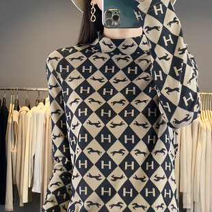 2024 Spring Autumn Winter New Half High Collar Base Shirt Women's Inner Wear Women's Warm All-match Top Printed Long Sleeve Top