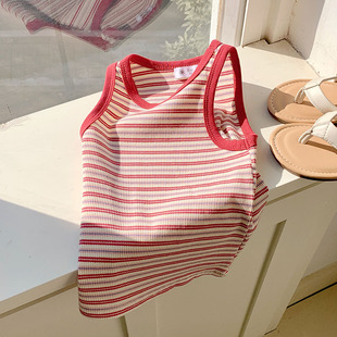 Children's Wear Children's Refreshing Contrast Color Striped T-Shirt Girls' All-match Striped Small Vest Pit Strip Sleeveless All-match Top for Summer