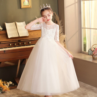 Long Mid-Sleeve Slim-Fit Western Style Girl's Puff Yarn White Wedding Dress Sweet Princess Dress Catwalk Flower Girl Banquet Dress