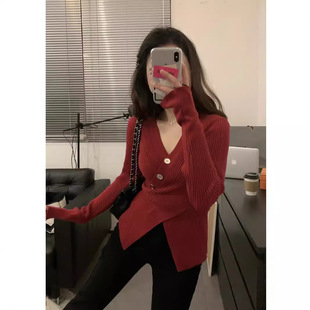 French Cross V-Neck Sweater Slim-Fit Knitted Long-Sleeved Inner Top Early Autumn Pure Desire High-Feeling Base Shirt