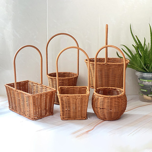 Imitation Rattan Flower Basket Portable Basket Pastoral Fruit Basket Living Room Decoration Flower Basket Accompanying Gift Children's Shooting Props