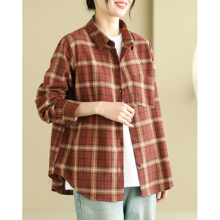 2025 Spring and Autumn New Retro Cotton Sanding Long-sleeved Shirt Women's Hong Kong Style Plaid Lapel Casual Single-breasted Shirt