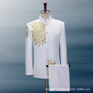White Zhongshan suit embroidered dragon performance suit embroidered suit suit chorus costume men's singer youth dress