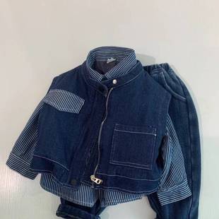 Boys' fleece-lined Shirt Autumn and Winter Korean Style Western Style Children's Wear Fashionable Thickened Top Cool Handsome Children's Striped Jacket