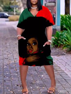 3D Printed Fashion Loose Skirt V-Neck Mid-Sleeve Internet Popular plus size European and American dress Daily Casual Home