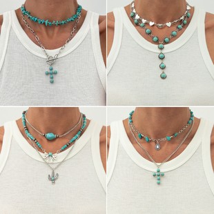 Europe and the United States cross-border jewelry ins cross turquoise love pendant necklace punk alloy stacked beaded necklace
