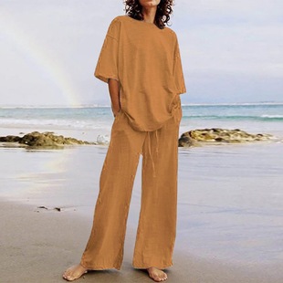 Fashion Women 2 piece set 2023 summer casual belt pocket suit half sleeve o-neck top and wide leg pants suit