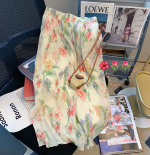 Floral High Waist Skirt Women's 2023 Summer New Design Sense Niche Slimming Chiffon Little A- line Skirt