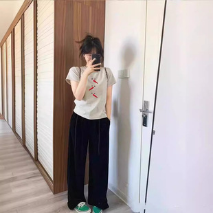 92 Cotton Shoulder Short-sleeved T-shirt Women's Summer 2024 European-style New Style T-shirt High Street American-style Slimming Top